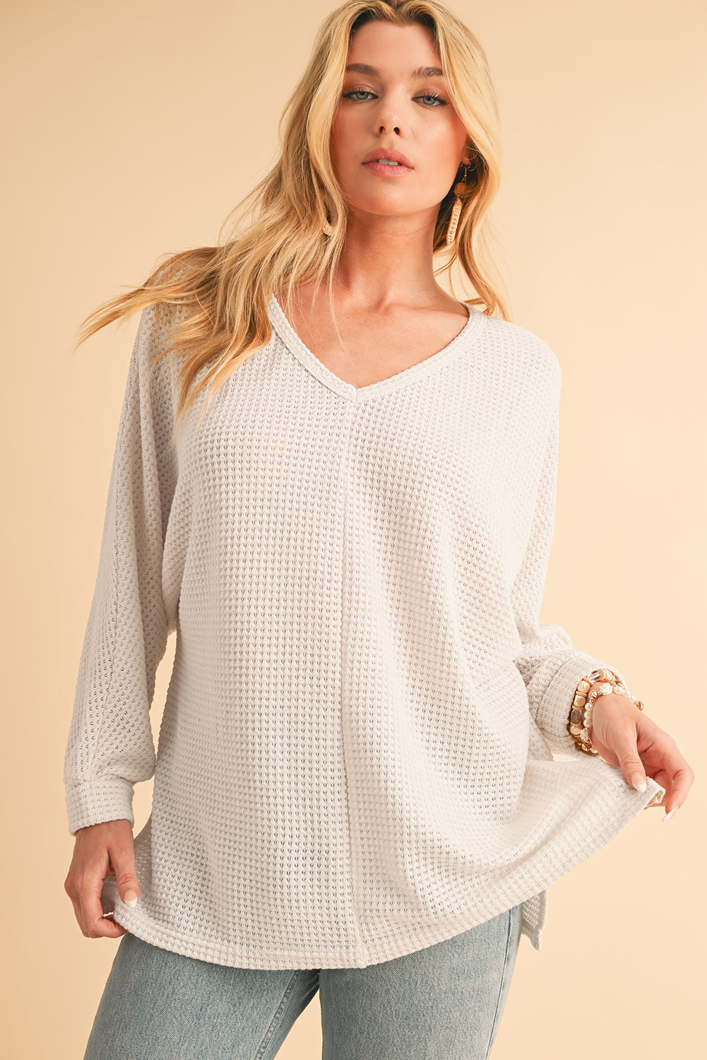 White Waffle Knit Side Slits Loose Fit V Neck Top