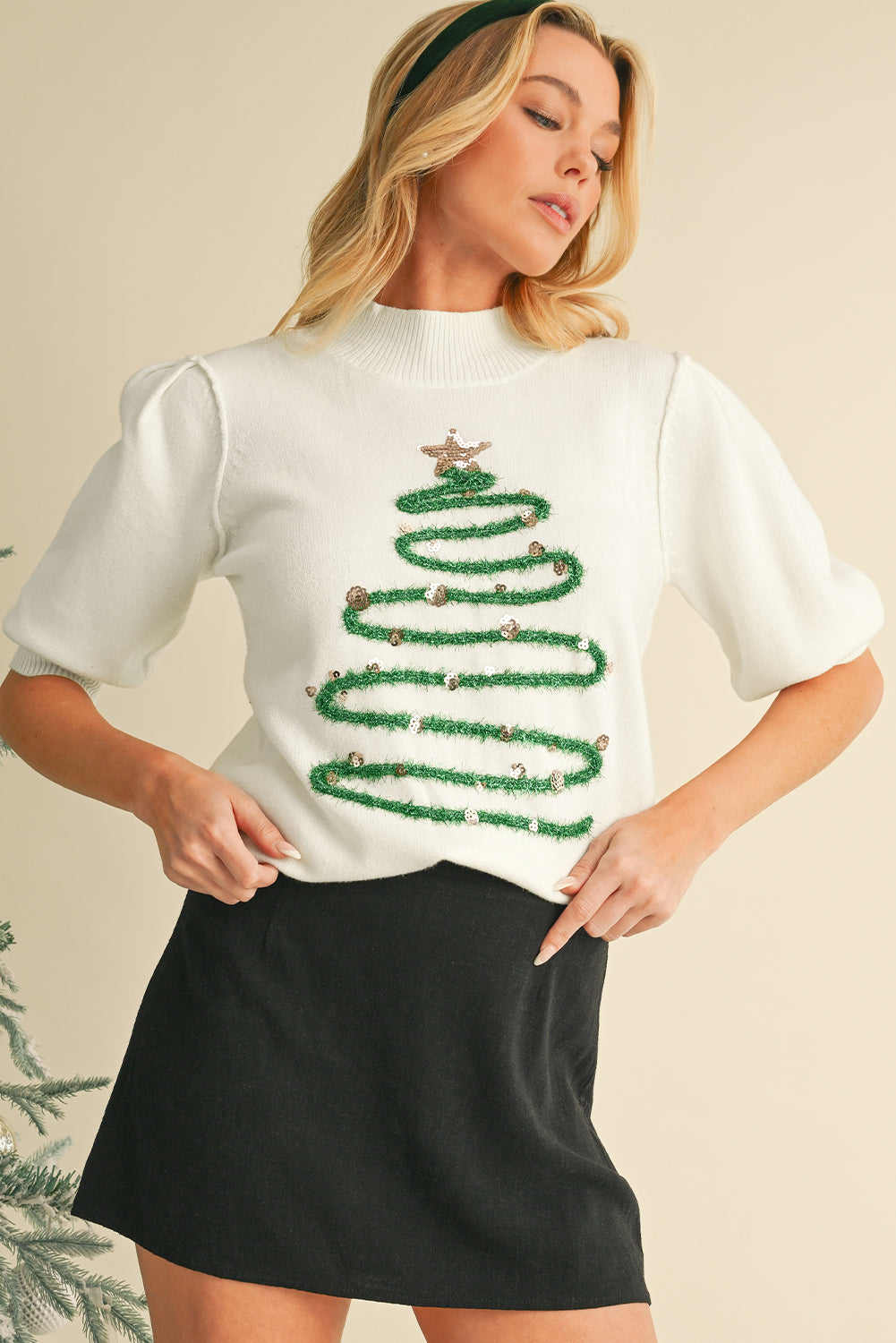 White Tinsel Christmas Tree Puff Short Sleeve Sweater