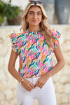 Rose Red Abstract Print Ruffled Flutter Shoulder Blouse