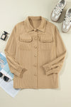 Light French Beige Corduroy Frilled Flap Pocket Button Up Shacket