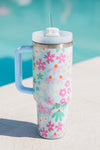 Beau Blue Cute Flower Print Handled Cup with Straw 40oz