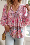 Blouses Pink Boho Floral Print Lace Up V Neck Smocked Sleeve Blouse.