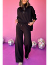 Black Zipper Stand Neck Top and Wide Leg Pants Set