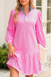 Pink Striped Collar Long Sleeve Ruffle Hem Dress