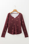Burgundy Notched Neck Floral Print Ribbed Long Sleeve Top