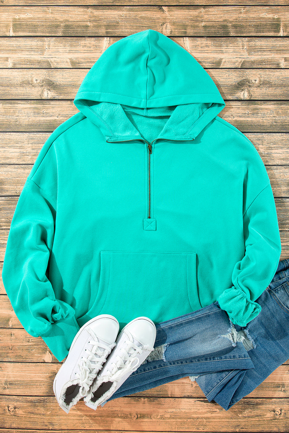 Smoke Green Half Zipper Kangaroo Pockets Drop Shoulder Hoodie