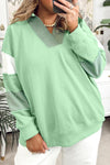 Moonlight Jade Colorblock Striped Patchwork Collar V Neck Plus Size Sweatshirt