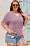 Black Twist Corded V-Neck Plain Plus T-Shirt