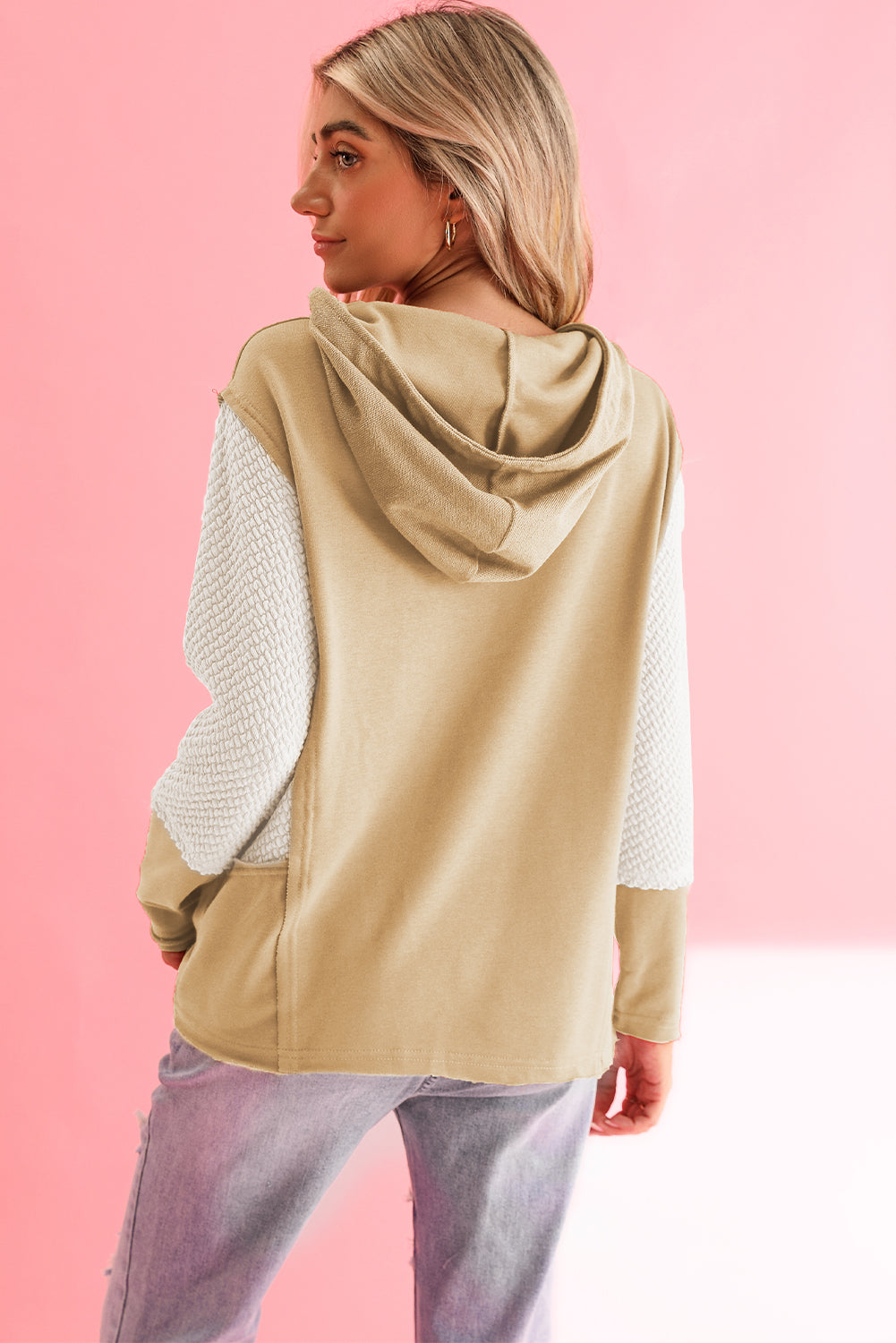 Parchment Textured Splicing Sleeve Raw Hem Hoodie