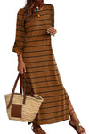 Brown Striped Casual Slit High Waist Midi Dress