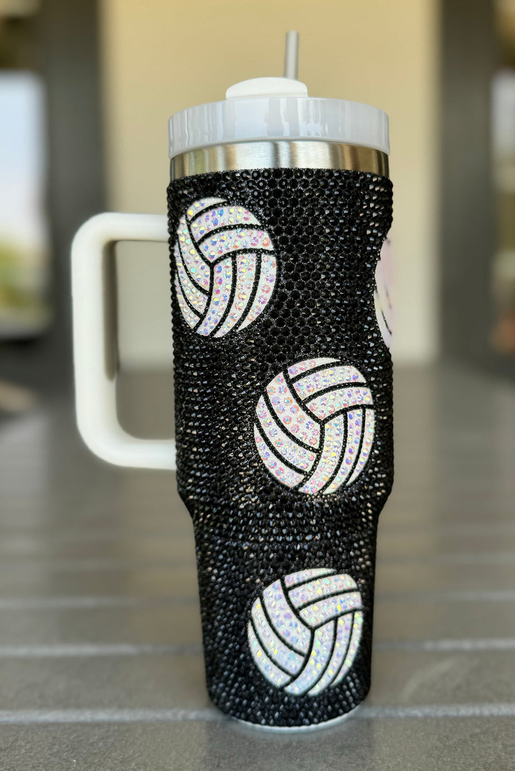 Black 40Oz Rhinestone Volleyball Tumbler Cup with Handle