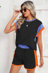 Blue Color Block Loose Fit Top and Elastic Waist Shorts Set