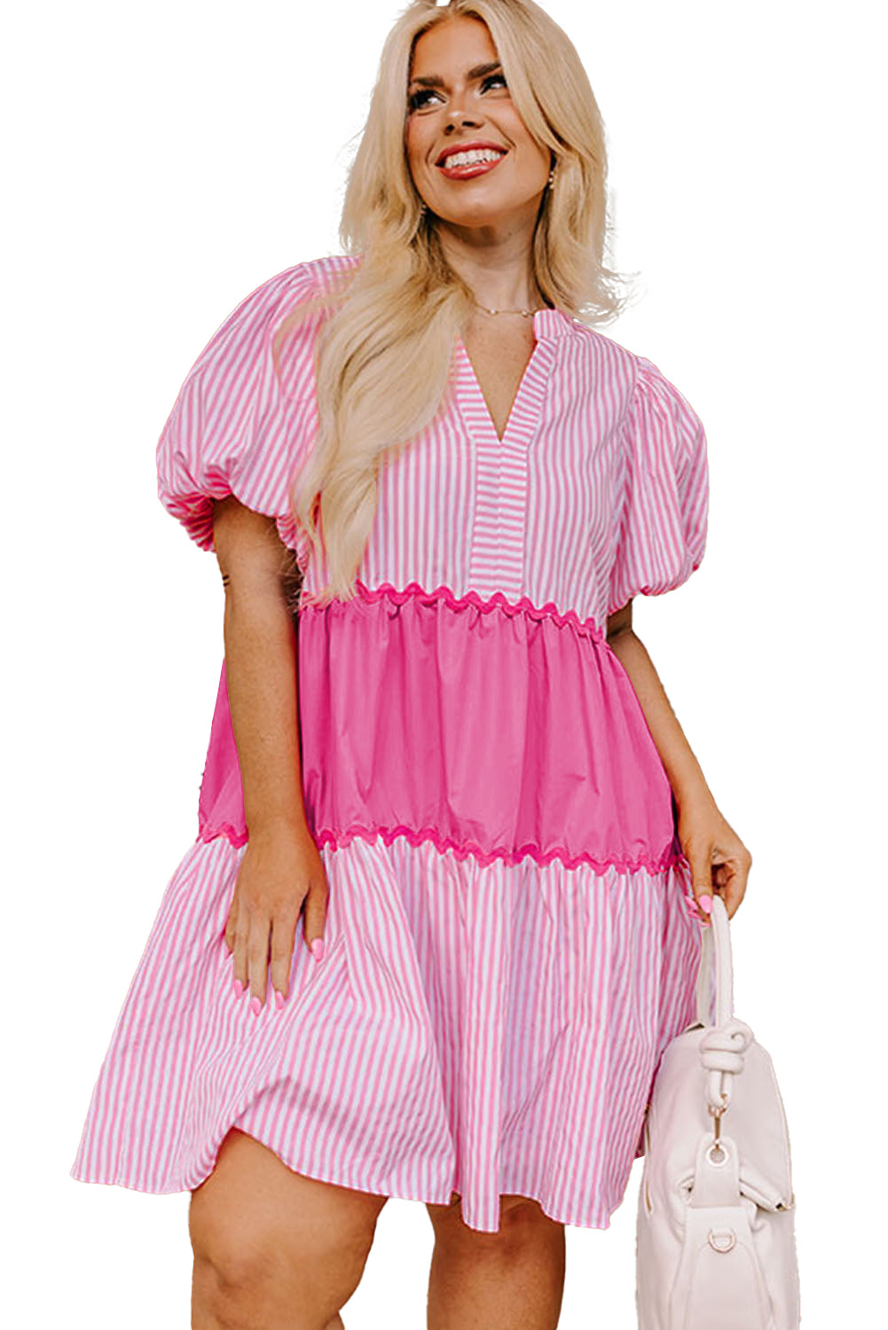 Pink Ric Rac Puff Short Sleeve Striped Flowy Plus Dress