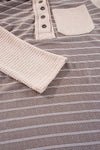 Gray Textured Knit Waffle Patchwork Striped Henley Hoodie