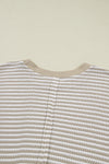 Brown Plus Size Stripe Ribbed Trim Drop Shoulder Long Sleeve Oversized Top