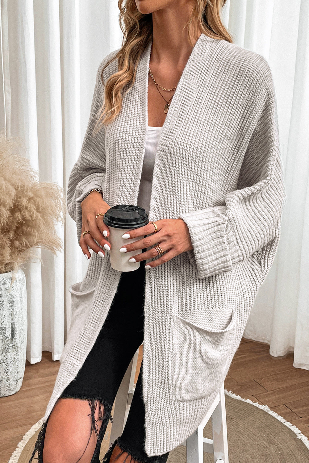 Khaki Batwing Sleeve Pocket Oversized Cable Knit Cardigan