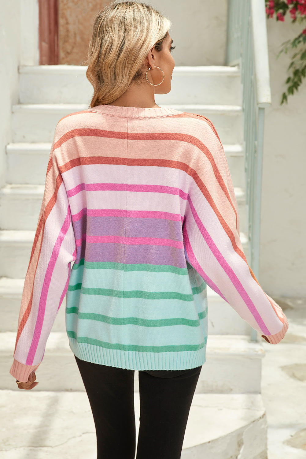 Yellow Striped Ribbed Edge Gradient Loose Sweater