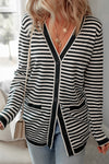 Black Striped Pocketed Button Long Cardigan