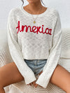 Letter Round Neck Long Sleeve Sweater - Cocoa Yacht Club