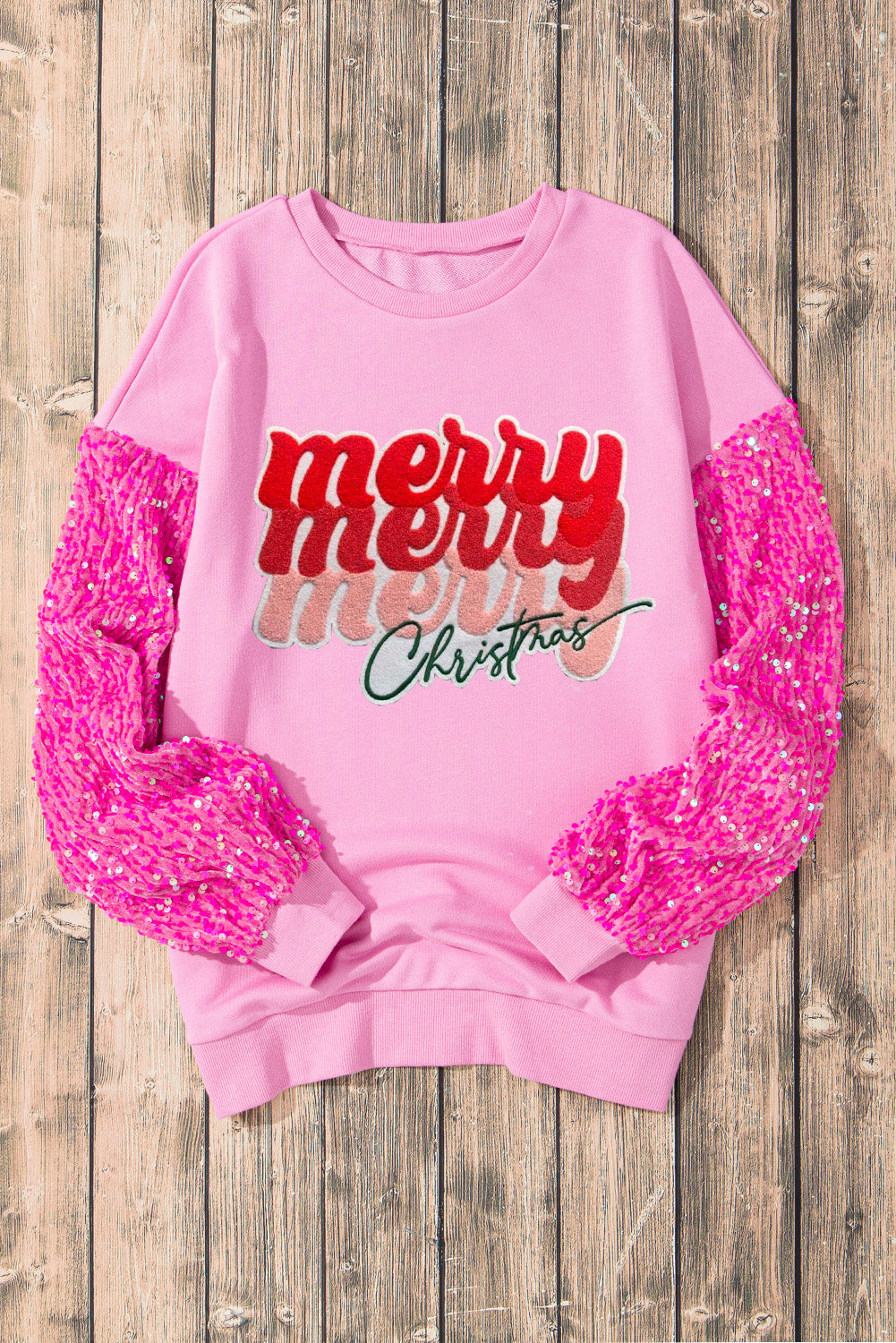 Pink Merry Christmas Graphic Sequin Sleeve Patchwork Top