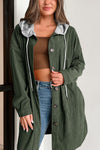 Drawstring Button Up Long Sleeve Hooded Jacket