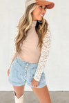 Smoke Gray Floral Lace Patchwork Long Sleeve Slim Top