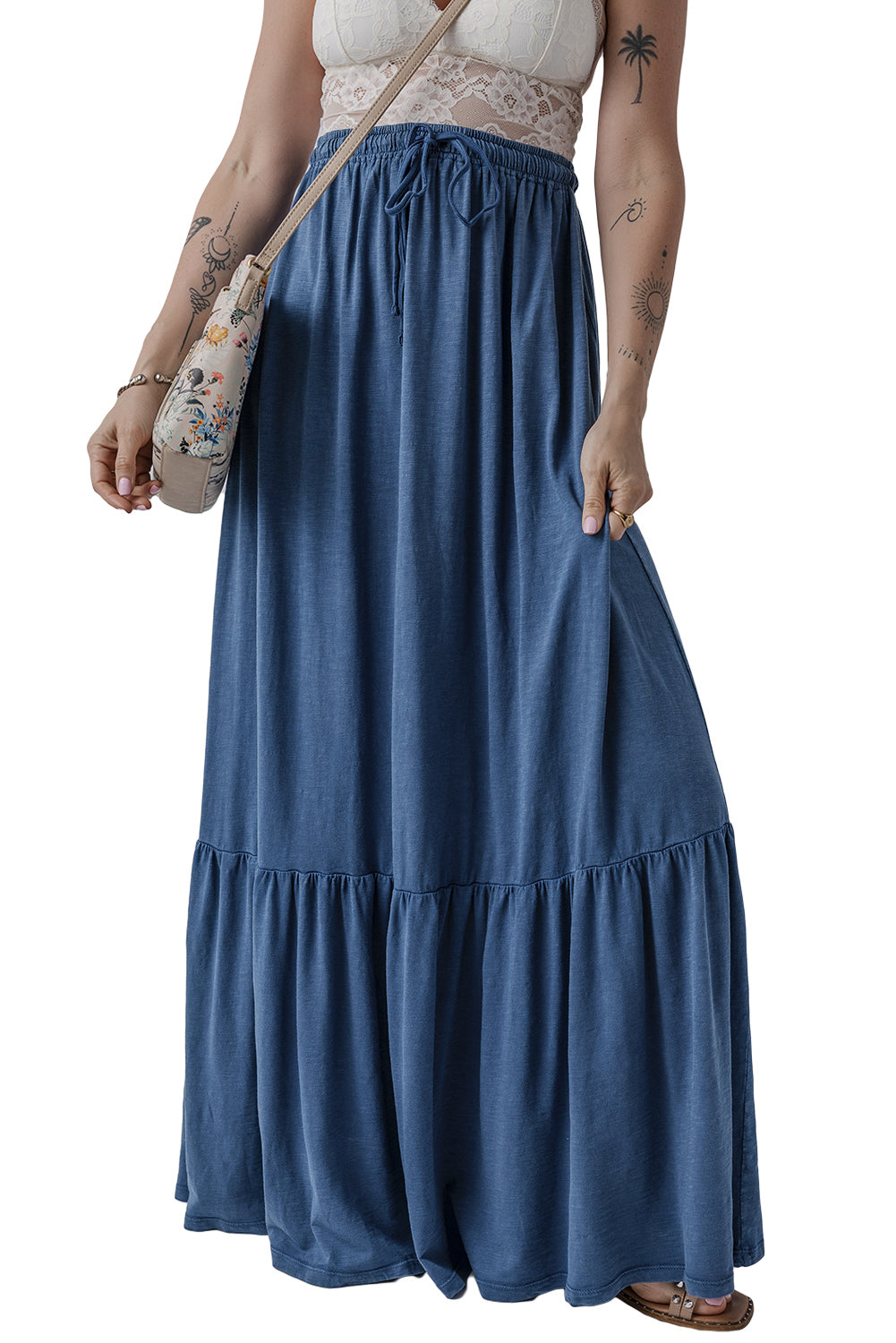 Sail Blue Solid Color Lace Up High Waist Tiered Maxi Skirt