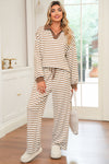 Khaki Stripe Textured Collared Pullover Top and Drawstring Pants Set