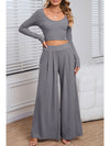 Black Plain Ribbed Crop Top & Wide Leg Pants Two Piece Pants Set