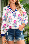 White Floral Print Pop of Color V-neck Long Sleeve Blouse