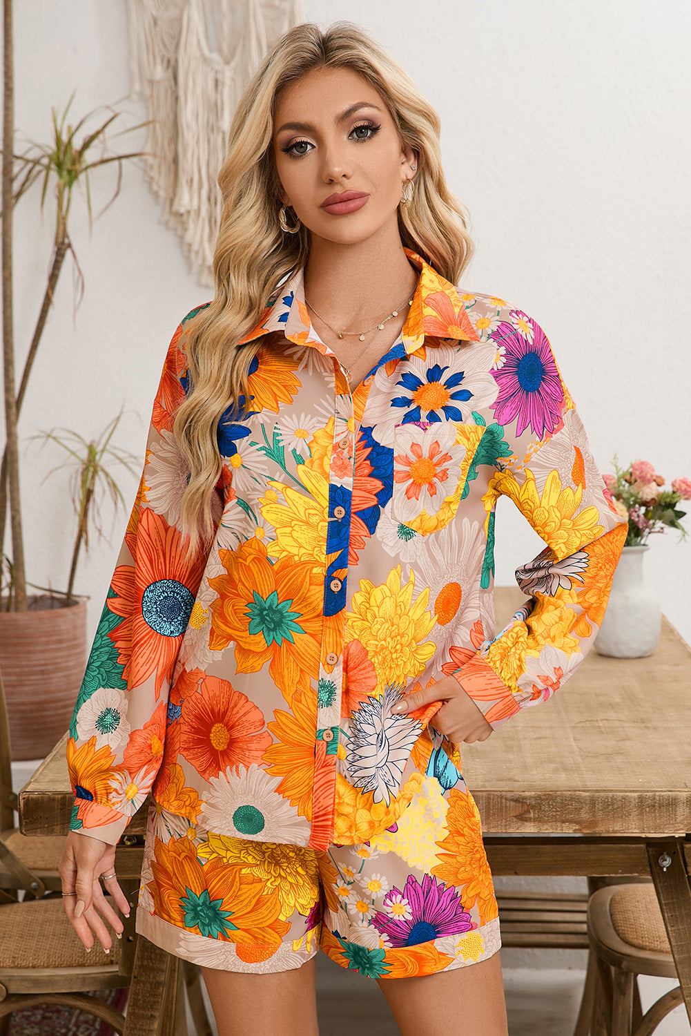 Orange Floral Print Lantern Sleeve Shirt & Drawstring Shorts Set