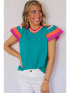 Bright Pink Contrast Sleeve Striped Round Neck Knitted Tee