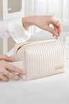 Beige Stitching PU Leather Round Zipped Side Handle Makeup Bag