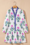 White Floral Print Pop of Color V Neck Mini Dress
