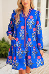 White Floral Print Pop of Color V Neck Mini Dress