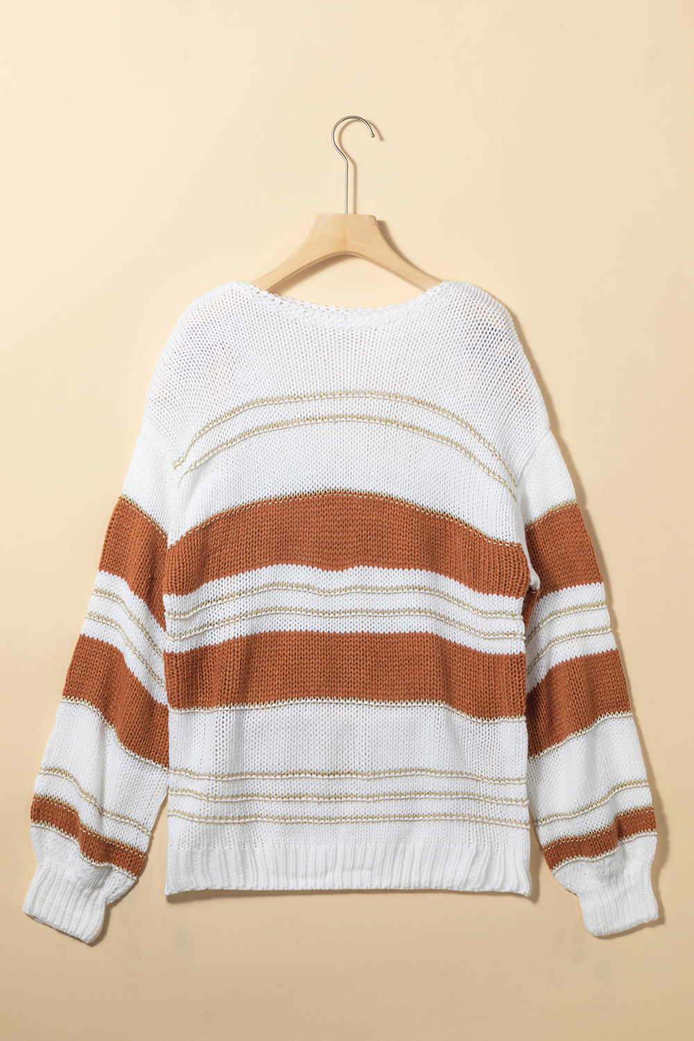 White Casual Stripe Print Knit Puff Sleeve Sweater