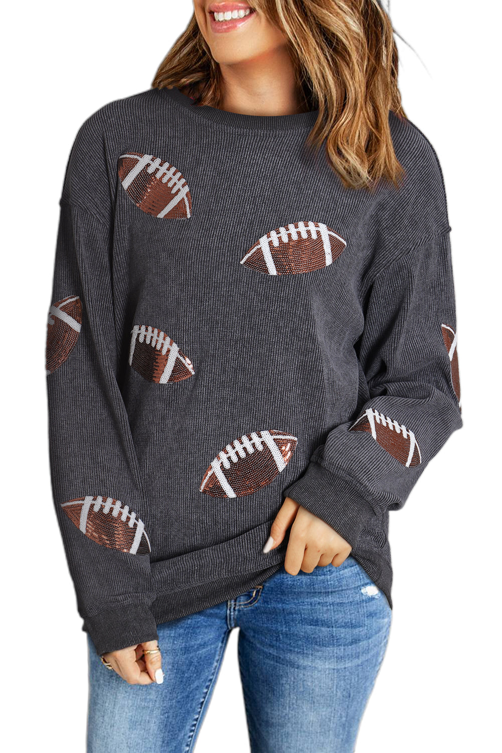 Green Sequin Rugby Graphic Corded Baggy Sweatshirt