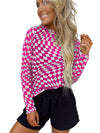 Khaki Checkered Pattern Mesh Long Sleeve Top