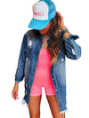 Sky Blue Light Wash Distressed Frayed Long Denim Jacket