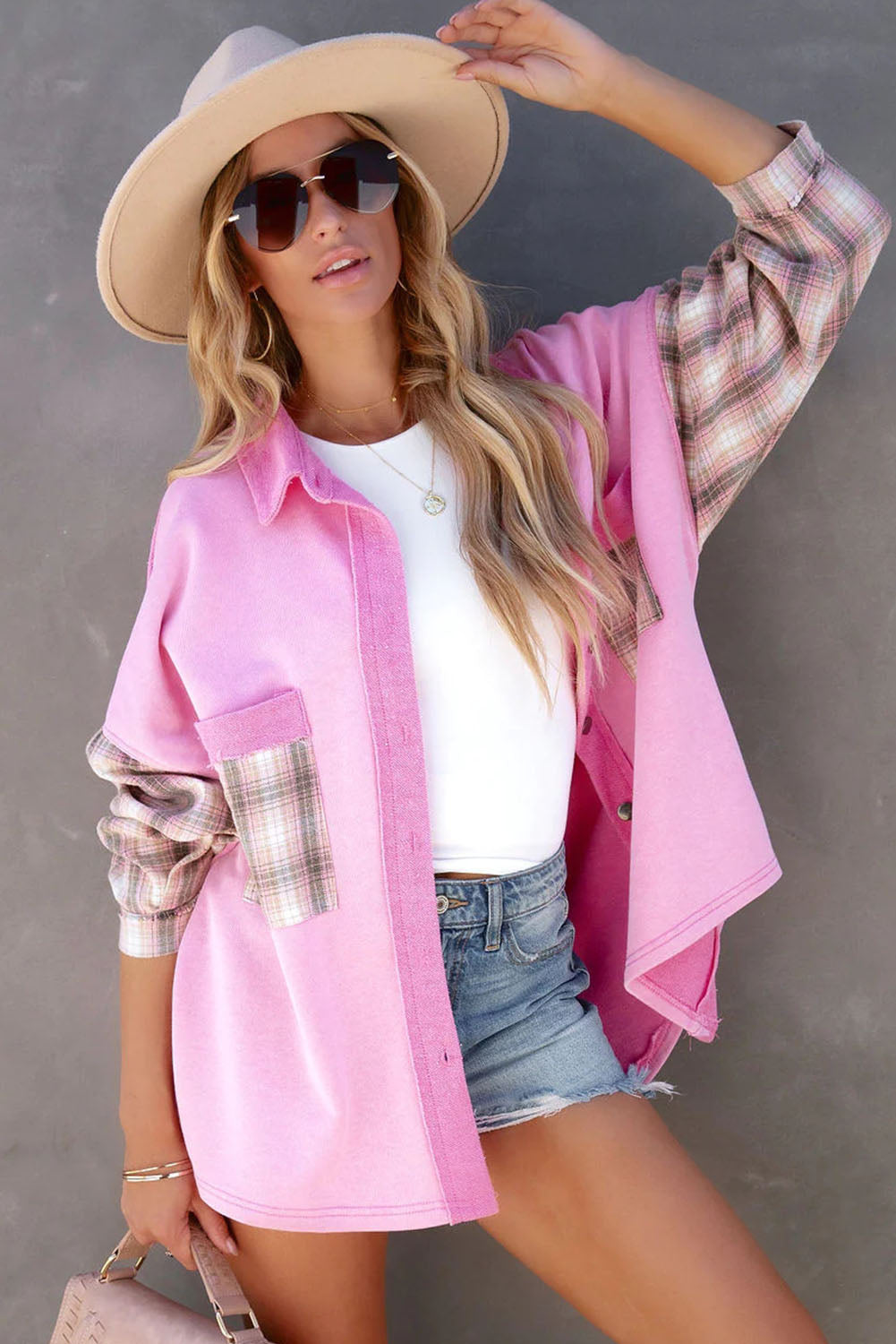 Rose Plaid Patchwork Chest Pockets Oversized Shirt Shacket