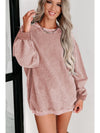 Pink Solid Ribbed Round Neck Pullover Sweatshirt