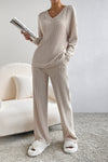 Khaki Slouchy Ribbed Knit V Neck Top & Pants Loungewear Set