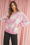 Pink Checked Bishop Sleeve Pullover Sweater