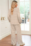 Khaki Stripe Textured Collared Pullover Top and Drawstring Pants Set