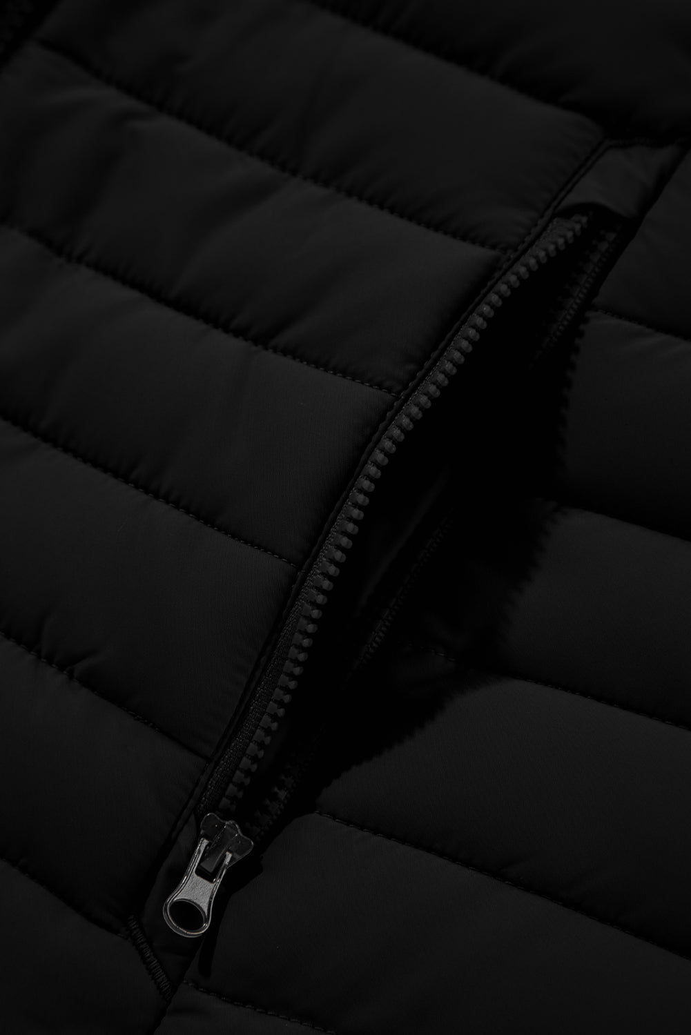 Black Plush Collared Quilted Zipped Puffer Vest