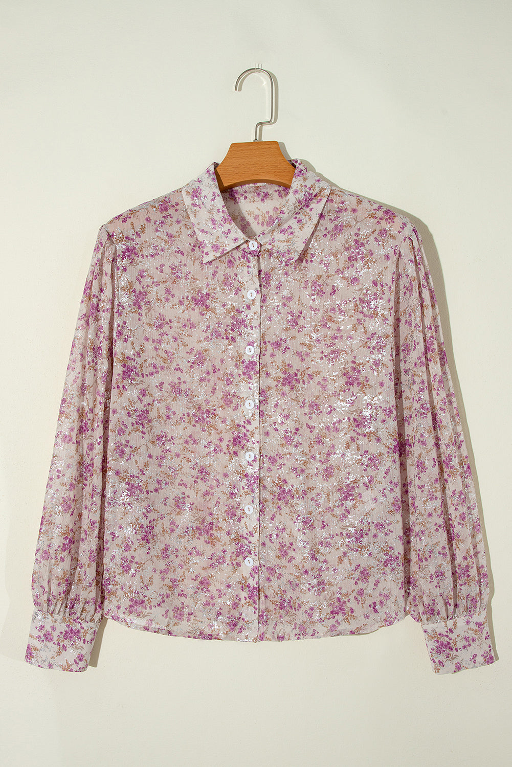 Pink Ditsy Floral Print Bishop Sleeve Collared V Neck Shirt