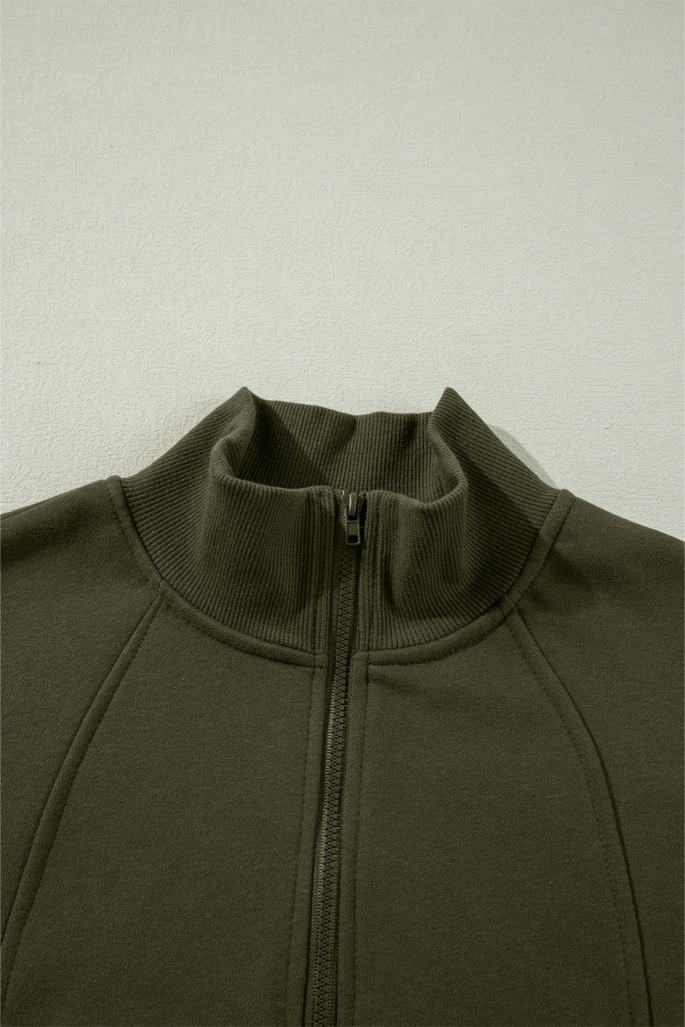 Jungle Green Zipper Collared Drop Shoulder Plain Sweatshirt