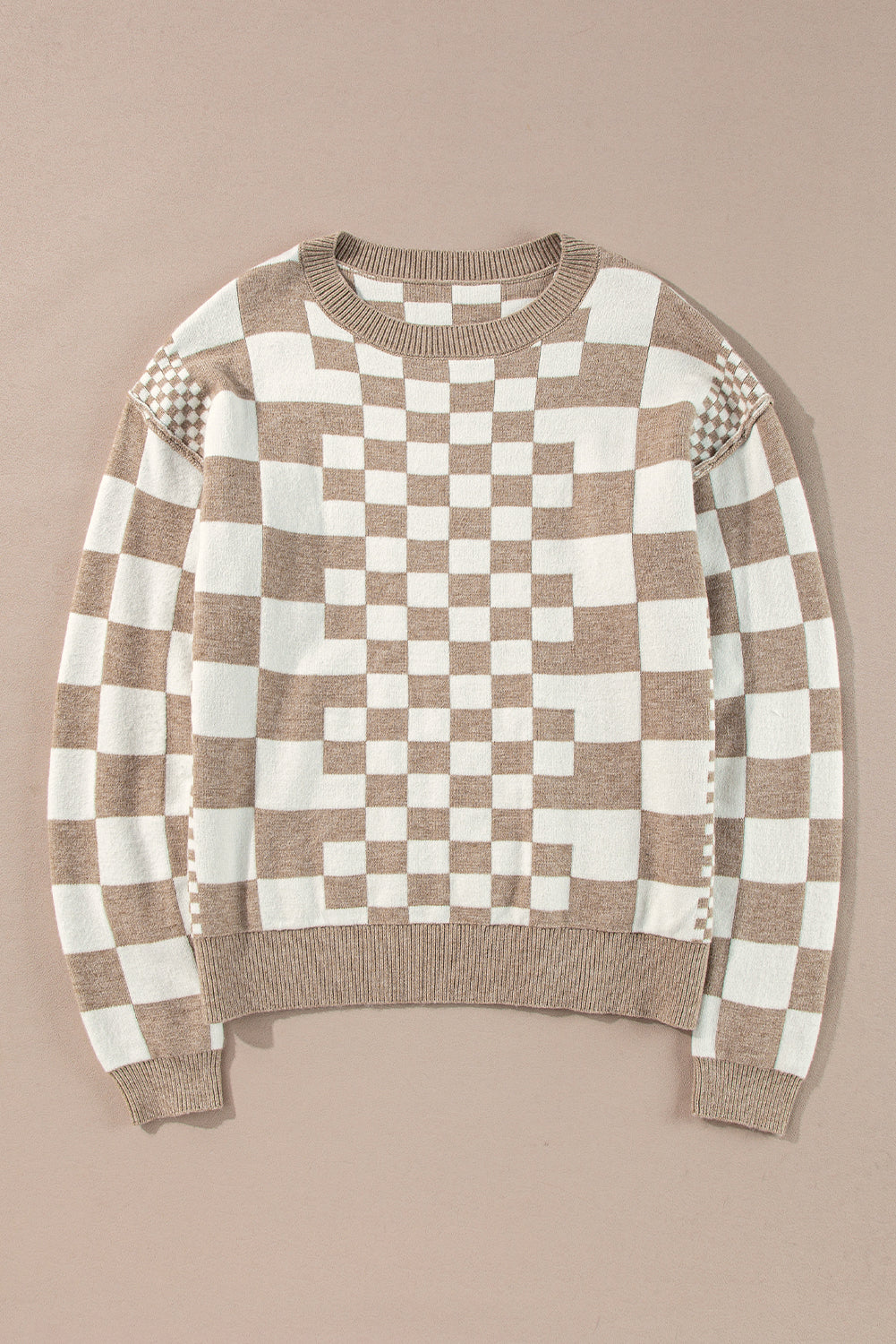 Carrot Checkered Drop Shoulder Round Neck Sweater