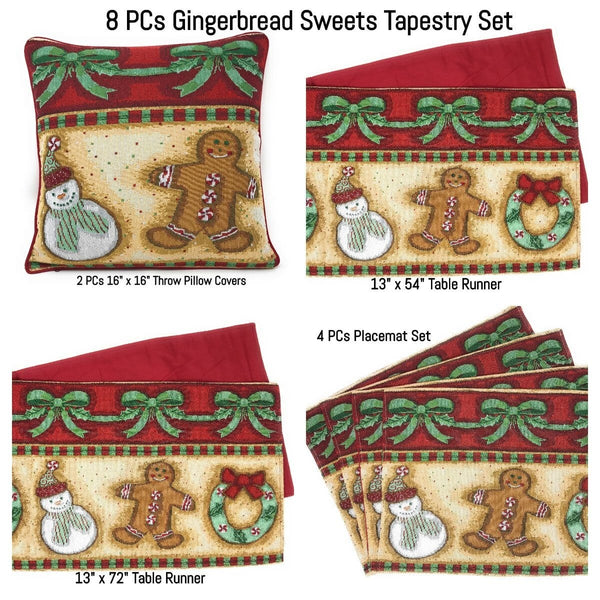 Set of 8 Pieces Gingerbread Sweets Holiday Table Tapestry - 4 Placemats, 2 Table Runners, 2 Throw Pillow Covers (12917)