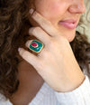 Green Onyx Stacked Red Stone Golden Statement Ring
